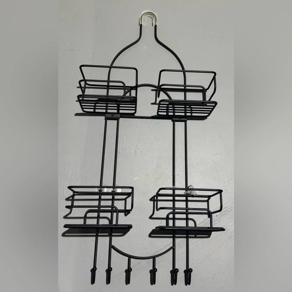 Black Over-the-Shower Caddy with Multiple Shelves and Hooks